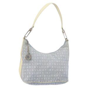 Authentic BVLGARI Logo Mania Shoulder Bag Canvas Light Blue Silver